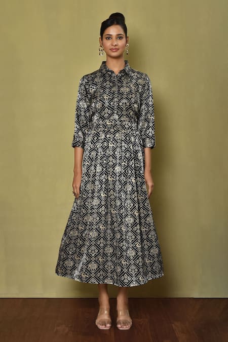 Samyukta Singhania_Black Silk Embroidery Collared Patola Print Dress_Online_at_Aza_Fashions