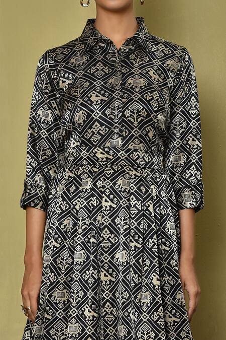 Buy_Samyukta Singhania_Black Silk Embroidery Collared Patola Print Dress_Online_at_Aza_Fashions