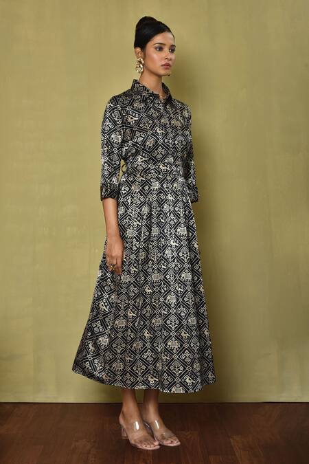 Shop_Samyukta Singhania_Black Silk Embroidery Collared Patola Print Dress_Online_at_Aza_Fashions