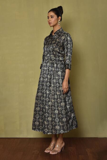 Samyukta Singhania_Black Silk Embroidery Collared Patola Print Dress_at_Aza_Fashions