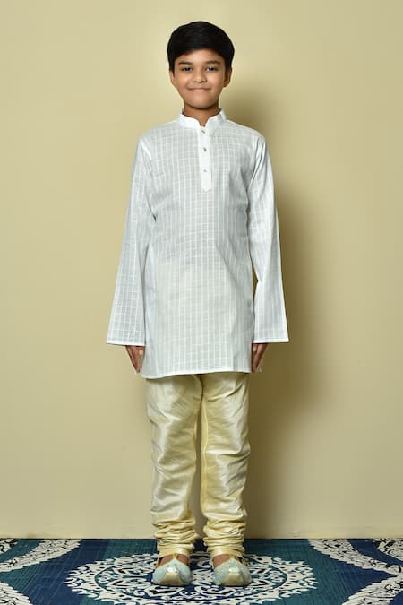 Buy_Petite Pomme_White Cotton Checkered Kurta And Beige Churidar Set _Online_at_Aza_Fashions