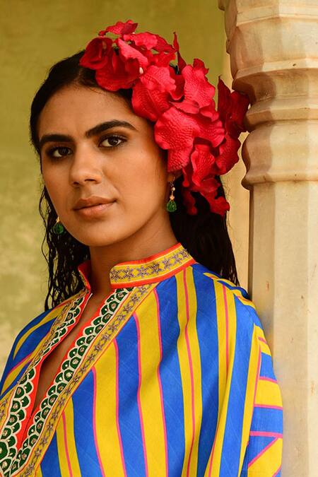 Shop_Swati Vijaivargie_Blue Silk Embroidery, Mirrors Mandarin Collar Striped Flared Kaftan _Online_at_Aza_Fashions
