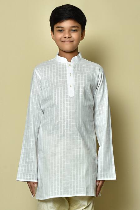 Shop_Petite Pomme_White Cotton Checkered Kurta And Beige Churidar Set _Online_at_Aza_Fashions