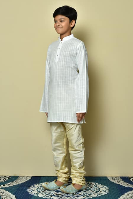 Petite Pomme_White Cotton Checkered Kurta And Beige Churidar Set _at_Aza_Fashions