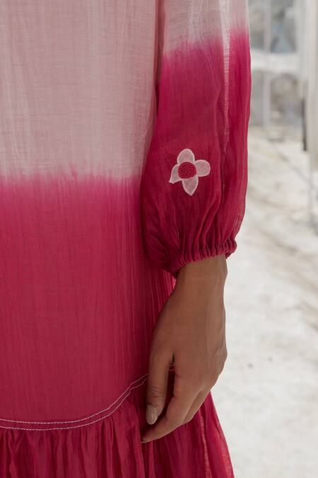 The Loom Art_Pink Chanderi Silk Embroidery V-neck Ombre Flowers Dress _at_Aza_Fashions