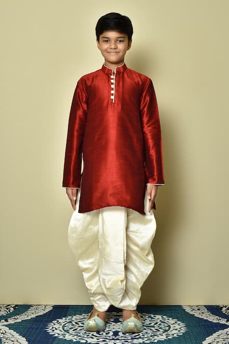 Shop_Petite Pomme_Red Silk Solid Kurta And Beige Dhoti Pant Set _Online_at_Aza_Fashions