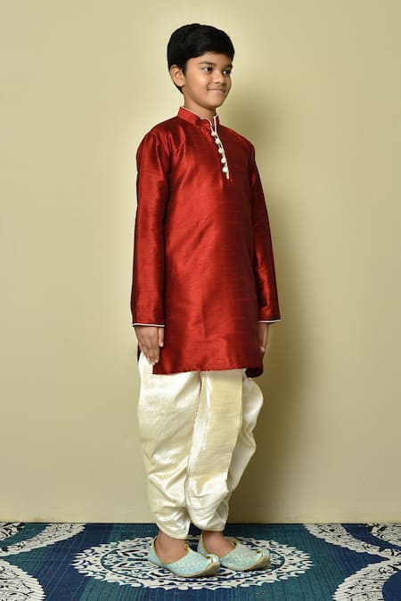 Petite Pomme_Red Silk Solid Kurta And Beige Dhoti Pant Set _at_Aza_Fashions