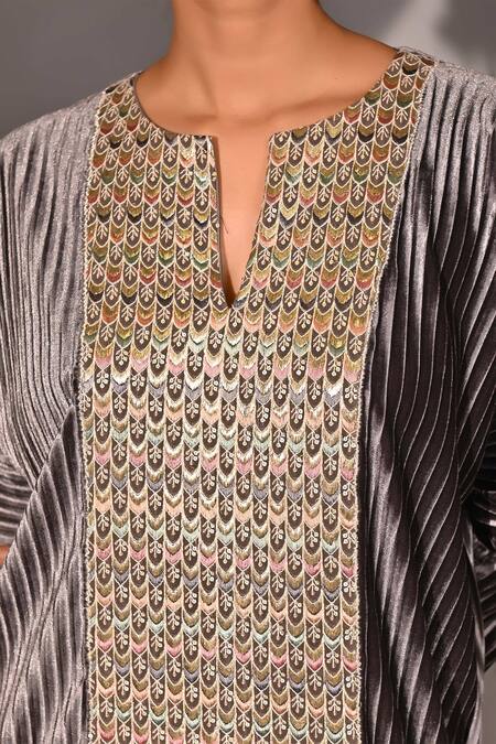 Shop_Jyoti Sachdev Iyer_Grey Silk Embroidery Split V-neck Pleated Kurta And Salwar Set _Online_at_Aza_Fashions