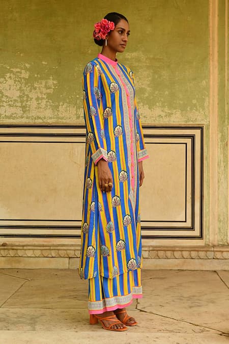 Shop_Swati Vijaivargie_Blue Silk Embroidery Mandarin Collar Gauri Long Kurta Set _Online_at_Aza_Fashions