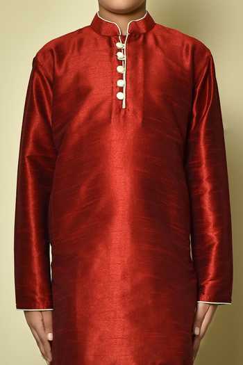 Petite Pomme Red Silk Full Sleeve Plain Kurta Online at Aza Fashions Petite Pomme_Red Silk Full Sleeve Plain Kurta _Online_at_Aza_Fashions