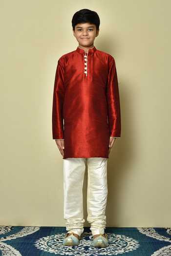Buy_Petite Pomme_Red Silk Full Sleeve Plain Kurta _Online_at_Aza_Fashions