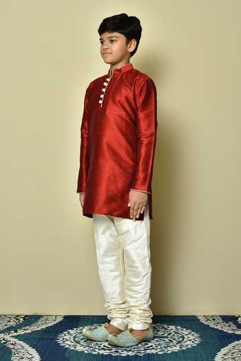 Shop_Petite Pomme_Red Silk Full Sleeve Plain Kurta _Online_at_Aza_Fashions