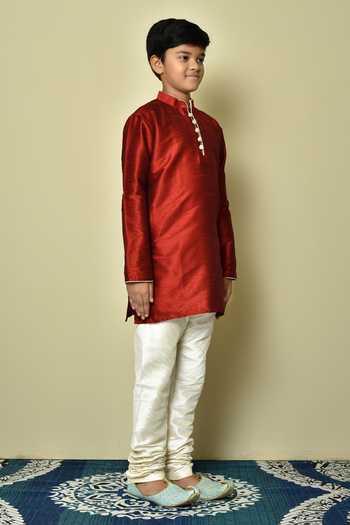 Petite Pomme_Red Silk Full Sleeve Plain Kurta _at_Aza_Fashions