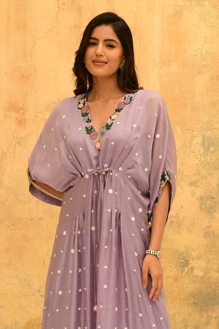 Label Niti Bothra_Purple Silk Embroidery V-neck Handcrafted Rosette Motif Kaftan _Online_at_Aza_Fashions