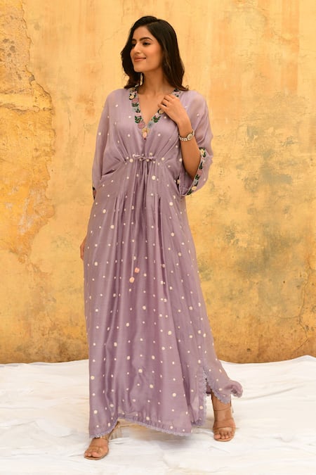 Buy_Label Niti Bothra_Purple Silk Embroidery V-neck Handcrafted Rosette Motif Kaftan _Online_at_Aza_Fashions