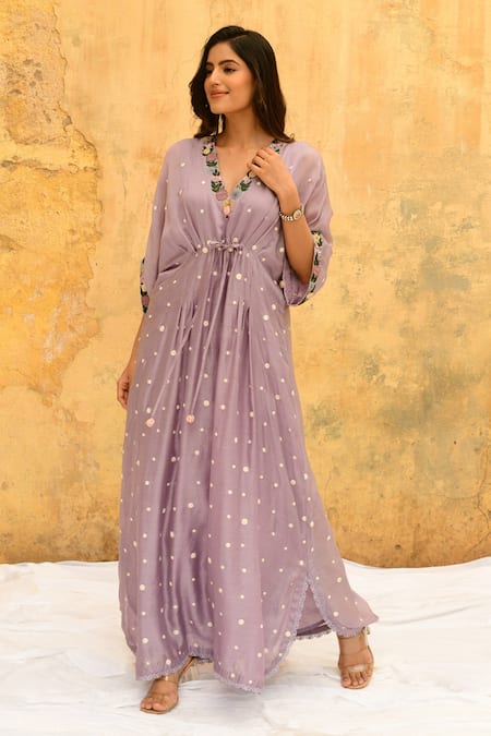 Shop_Label Niti Bothra_Purple Silk Embroidery V-neck Handcrafted Rosette Motif Kaftan _Online_at_Aza_Fashions