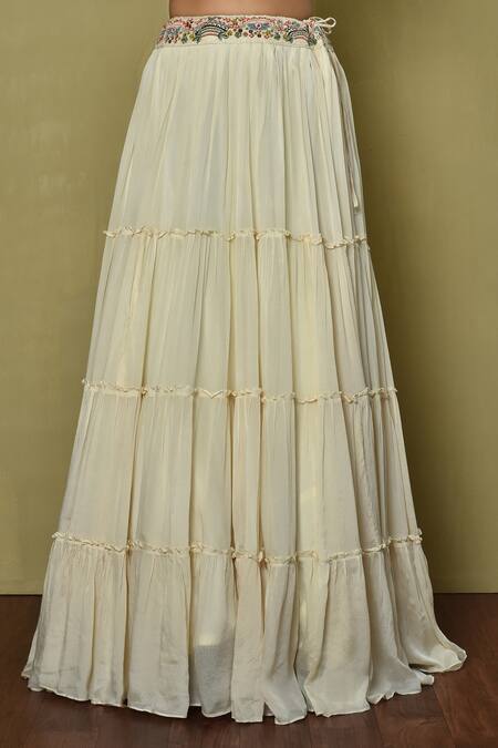 Samyukta Singhania_White Denim, Organza, Chiffon Embroidery Scoop Neck, Placket Lehenga Set_Online_at_Aza_Fashions