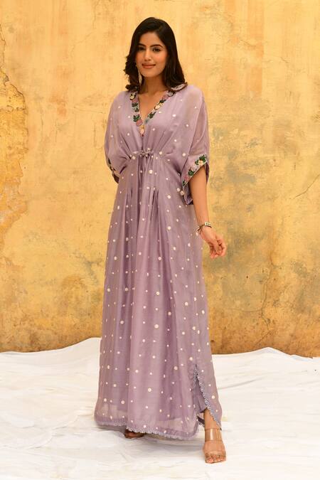 Label Niti Bothra_Purple Silk Embroidery V-neck Handcrafted Rosette Motif Kaftan _at_Aza_Fashions