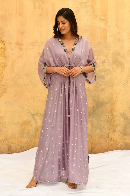 Buy_Label Niti Bothra_Purple Silk Embroidery V-neck Handcrafted Rosette Motif Kaftan 
