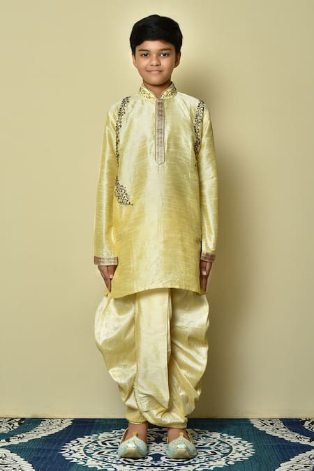 Shop_Petite Pomme_Beige , Chanderi Beads, Stones Placement Work Kurta And Dhoti Pant Set _Online_at_Aza_Fashions