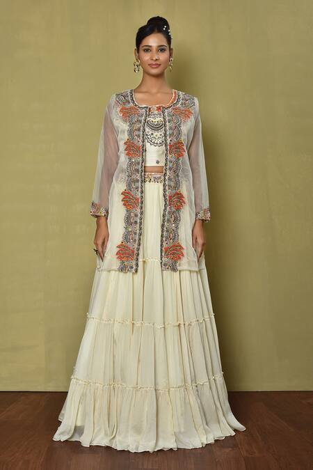Shop_Samyukta Singhania_White Denim, Organza, Chiffon Embroidery Scoop Neck, Placket Lehenga Set_Online_at_Aza_Fashions