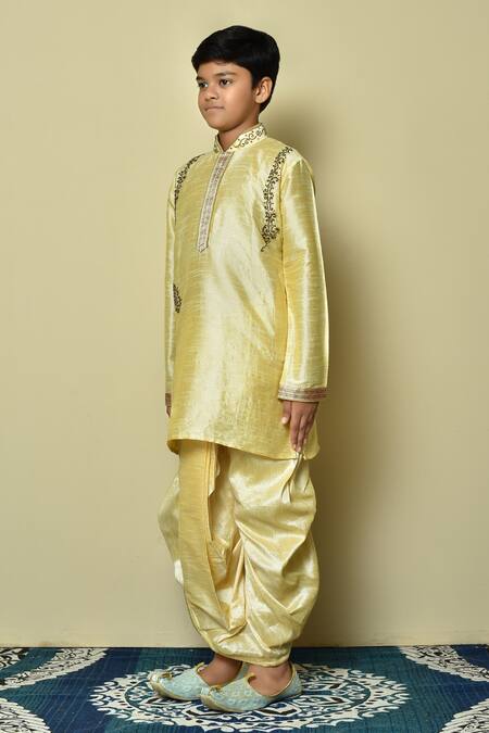 Petite Pomme_Beige , Chanderi Beads, Stones Placement Work Kurta And Dhoti Pant Set _at_Aza_Fashions