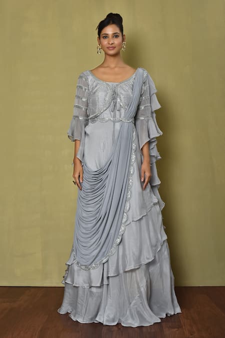 Buy Grey Dola Embroidery Thread Leaf Neck Pattern Saree Gown For