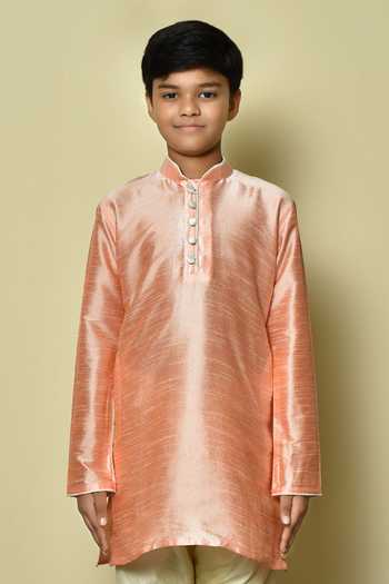 Petite Pomme_Pink Silk Plain Full Sleeve Kurta _at_Aza_Fashions