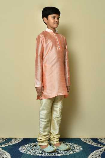 Shop_Petite Pomme_Pink Silk Plain Full Sleeve Kurta _Online_at_Aza_Fashions