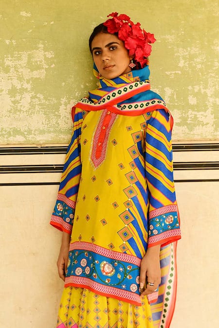 Swati Vijaivargie_Multi Color Silk Embroidery Round Neck Laila Kurta Sharara Set _Online_at_Aza_Fashions