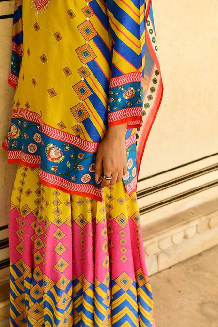 Shop_Swati Vijaivargie_Multi Color Silk Sequins Round Neck Multicolor Floral Geometric Printed Kurta_Online_at_Aza_Fashions