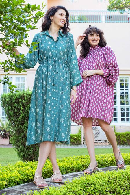 Karaj Jaipur_Pink Gazi Silk Printed Floral Turtle Neck Collar Pattern Dress_Online_at_Aza_Fashions