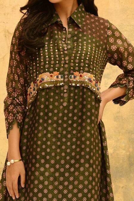Buy_Label Niti Bothra_Green Silk Embroidery, Cut Work Collared Chandrakala Print Kurta And Pant Set _Online_at_Aza_Fashions