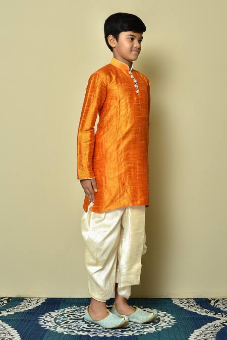 Shop_Petite Pomme_Yellow Silk Kurta And Beige Pleated Dhoti Pant Set _Online_at_Aza_Fashions