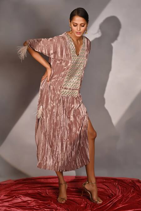 Jyoti Sachdev Iyer_Pink Silk, Velvet Embroidery, Feathers Split V-neck Crushed Side Slit Kaftan _Online_at_Aza_Fashions