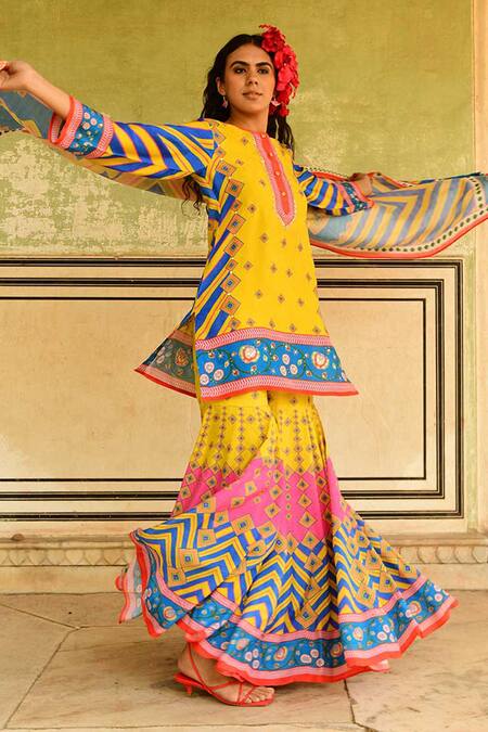 Shop_Swati Vijaivargie_Multi Color Silk Embroidery Round Neck Laila Kurta Sharara Set _Online_at_Aza_Fashions