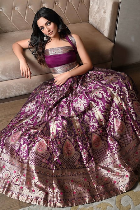Buy_Vishwa By Pinki Sinha_Purple Silk Embroidery Flower Pattern Lehenga With Unstitched Blouse Fabric _Online_at_Aza_Fashions