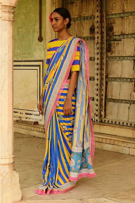 Swati Vijaivargie_Blue Silk Gota Patti Bindiya Stripe Saree _Online_at_Aza_Fashions