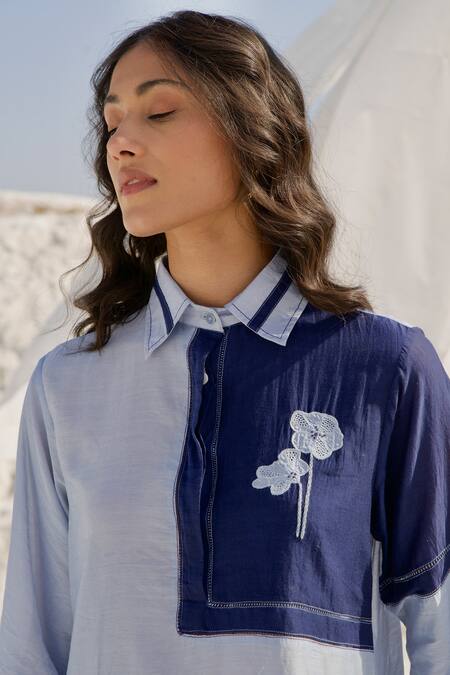 The Loom Art_Blue Chanderi Silk Embroidery Shawl Neck Stitch Line Shirt And Pant Set _Online_at_Aza_Fashions