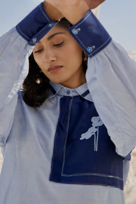 Buy_The Loom Art_Blue Chanderi Silk Embroidery Shawl Neck Stitch Line Shirt And Pant Set _Online_at_Aza_Fashions