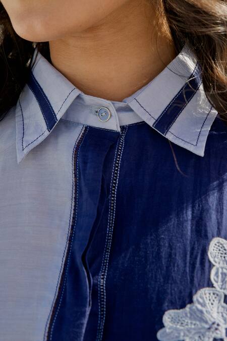 Shop_The Loom Art_Blue Chanderi Silk Embroidery Shawl Neck Stitch Line Shirt And Pant Set _Online_at_Aza_Fashions