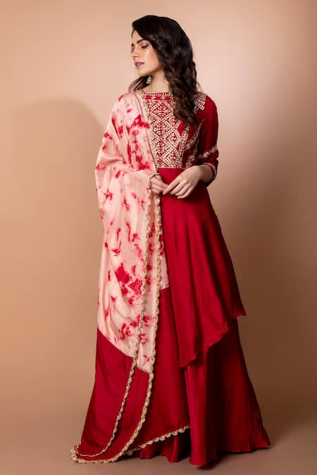 Kesar Studio Red Silk Gota Patti Round Neck Embroidered Double-layered Anarkali With Dupatta 
