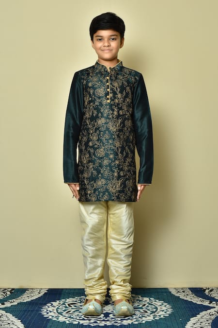 Buy_Petite Pomme_Green Silk Embroidery Floral Kurta Set _Online_at_Aza_Fashions