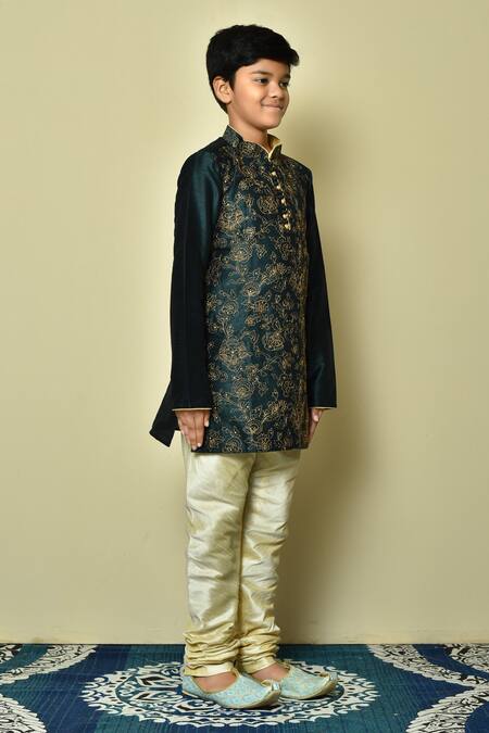 Shop_Petite Pomme_Green Silk Embroidery Floral Kurta Set _Online_at_Aza_Fashions