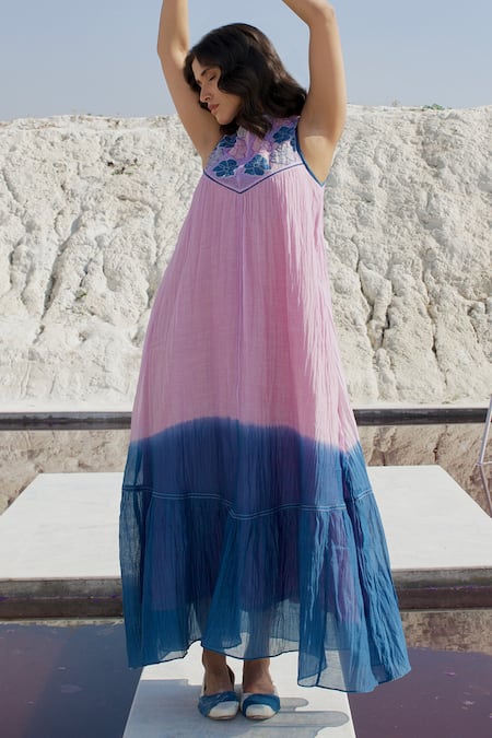 The Loom Art_Purple Chanderi Silk Embroidery Round Neck Ombre A-line Dress _Online_at_Aza_Fashions