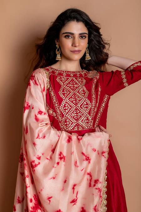 Buy Kesar Studio Red Silk Gota Patti Round Neck Embroidered Double-layered Anarkali With Dupatta Online at Aza Fashions Buy_Kesar Studio_Red Silk Gota Patti Round Neck Embroidered Double-layered Anarkali With Dupatta_Online_at_Aza_Fashions