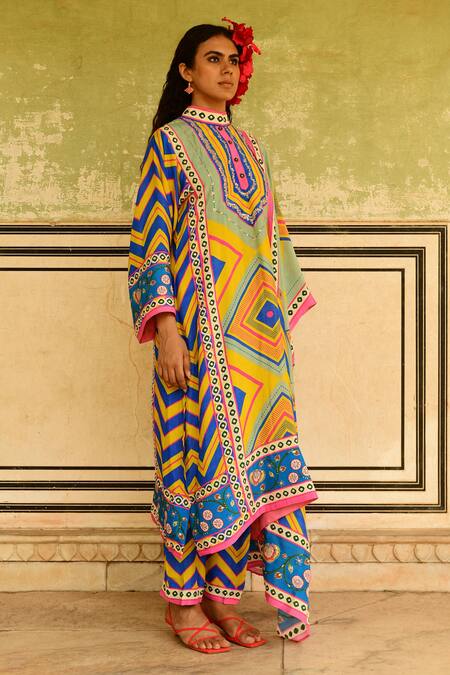 Shop_Swati Vijaivargie_Blue Silk Printed Chevron Jumki Pant_Online_at_Aza_Fashions