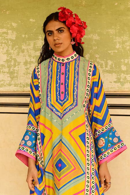 Buy_Swati Vijaivargie_Multi Color Silk Embroidery Mandarin Collar Jumki Kurta And Pant Set _Online_at_Aza_Fashions