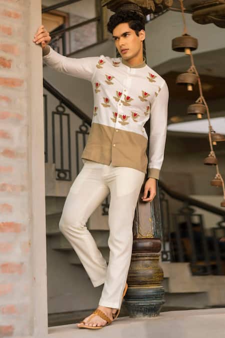 Vaani Beswal Off White , Satin Applique Aalam Embroidered Shirt Online at Aza Fashions Vaani Beswal_Off White , Satin Applique Aalam Embroidered Shirt _Online_at_Aza_Fashions