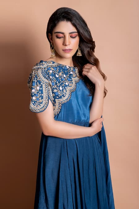 Kesar Studio_Blue Bamboo, Silk Embroidery Round Neck Sleeve Gown _Online_at_Aza_Fashions